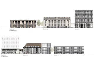 façade nord, immeuble d'habitation / sud: bâtiment administratif