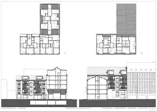 GRUNDRISSE DACHGESCHOSS, SCHNITTANSICHTEN HOF 1:100