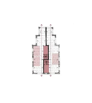 Eine S-förmige Trennwand gewährleistet beidseitig eine angemessene Raumtiefe. Ein flexibler Holzbau ermöglicht individuelle Grundrissgestaltung.