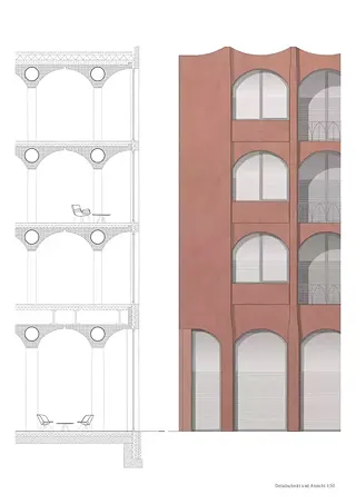 Detailschnitt und Ansicht Fassade