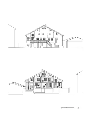 Ansicht Platzfassade + Querschnitt