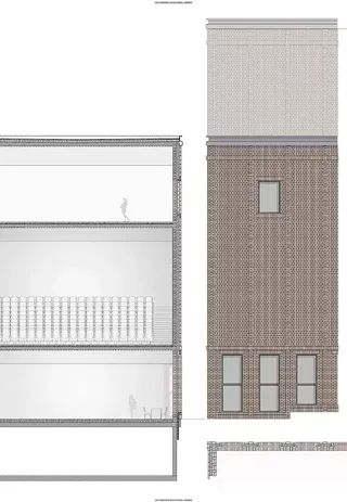 Coupe de construction avec vue de l'intérieur et de la façade