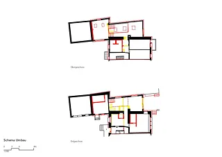 Schéma ancien / Démolition nouveau: rez-de-chaussée et étage supérieur