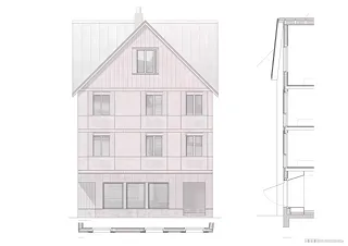 Fassadenschnitt und Ansicht der Neuinterpretation der Fassade