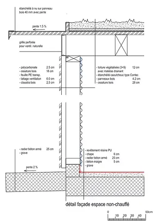 détail de façade avec espace non-chauffé