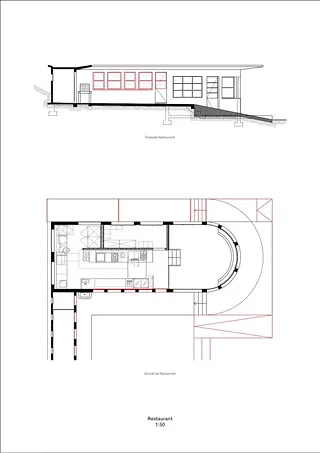 Grundriss & Fassade Restaurant, 1:50, A2, akkurat bauatelier