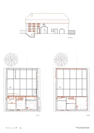 Elévation sud, plan rez et plan étage