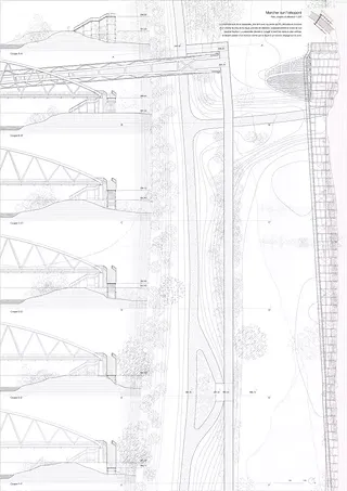 L'ancien oléopont apprivoisé, une passerelle connecte les rives du Rhône en un nouveau point et décline l'expérience de l'espace de la plaine dans le plan vertical. 1/200