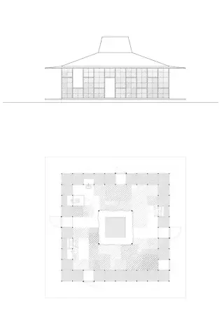 Plan and elevation show the very few permanent elements of the House of Seasons.