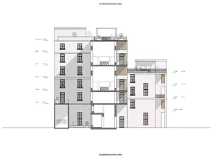 Westfassade und Schnitt