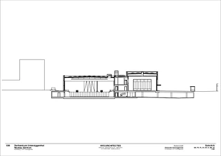 Schnitt durch Dorfplatz und Hallen – Beziehung von Aussenraum und Baukörper