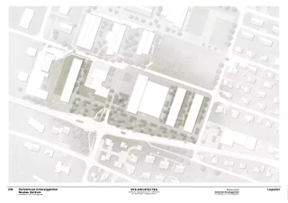 Vue aérienne/Contexte: le centre du village dans le contexte de l'urbanisation existante