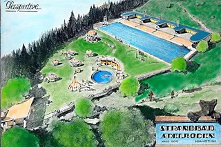 Historischer Perspektivischer Plan des Schwimmbad Gruebi, Zeichnung Beda Hefti