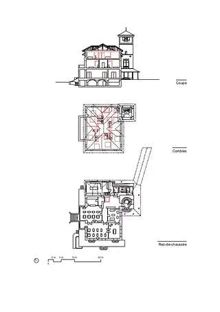 Plans du rez-de-chaussée, des combles et de la coupe