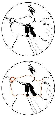 Diagr.: Strassenführung: Situation Heute und Vorschlag einer Ringautobahn um die Stadt