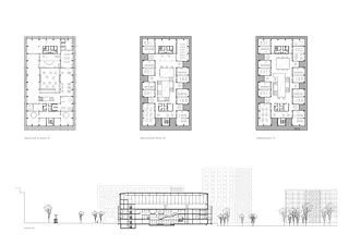 Plans du rez-de-chaussée, de l'étage et du 2e étage et coupe longitudinale
