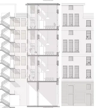 Coupe de construction avec vue de l'intérieur et de la façade