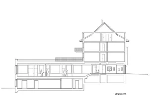Schnitt - Zugang über den Altbau- in den überhohen Neubauteil