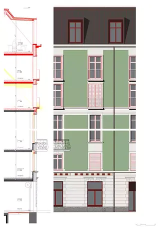 Coupe et vue détaillée de la façade