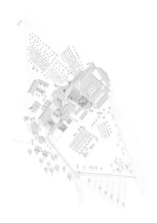 Axonométrie – la place du monastère, trait d'union de l'ensemble du site avec ses bâtiments classés (état d'avancement du mandat d'étude)