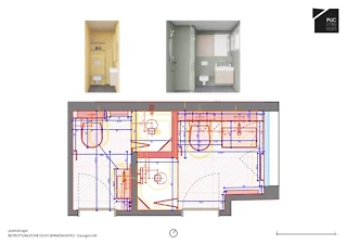 Grundriss und Renderings der Bäder