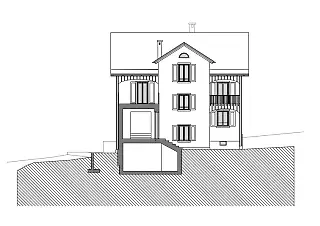 Querschnitt des Anbaus und Ansicht der Südost-Fassade