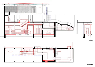 Coupes et plan d'ensemble de l'aile de l'église avec la nouvelle liaison par escalier