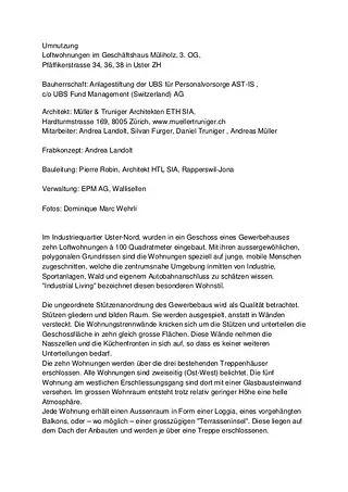 Beschreibung und Daten zu Loftwohnungen Umbau Geschäftshaus Mueliholz Uster
