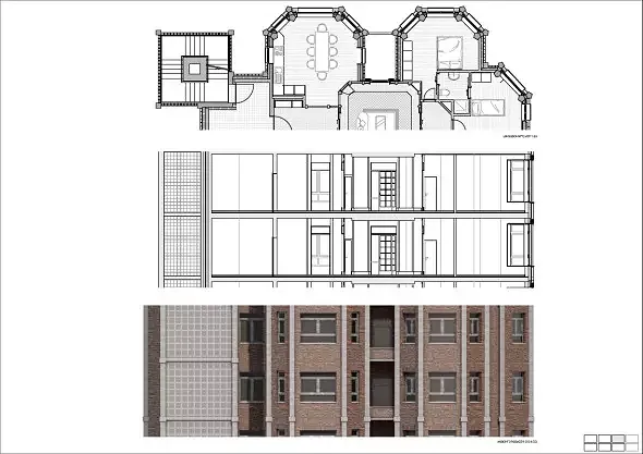 Grundriss Mst 1:33 | Wohnungsschnitt | Fassadenansicht | 5.OG | Zürcherstrasse |