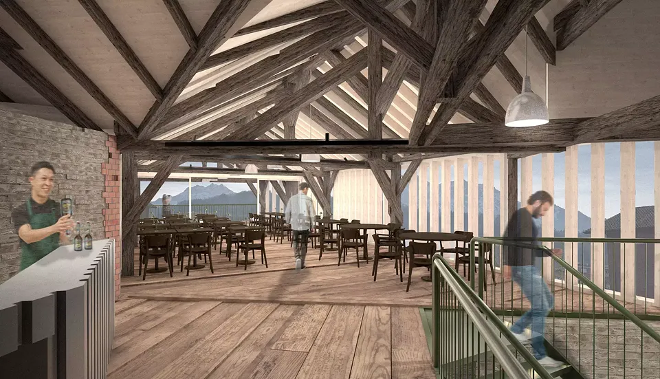 Restauration dans l'ancienne station de téléphérique – salle de restaurant/projet Roman Hadorn