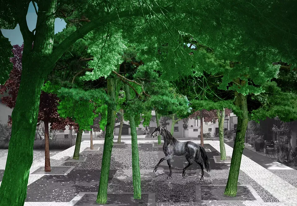 Communication visuelle:  sans avoir la précision d’une visualisation réaliste, le collage développé par les architectes lors de la phase de conception donnait une vision très proche de l’atmosphère du projet une fois achevé.