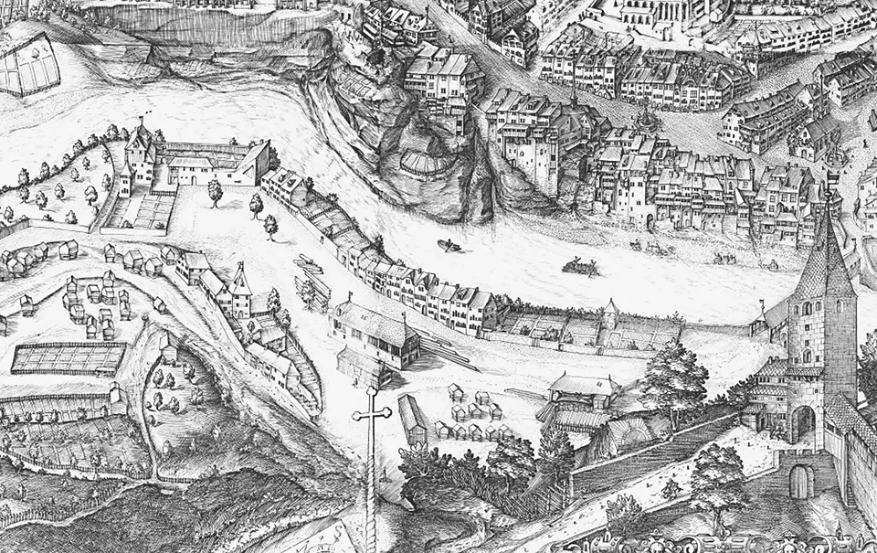 Cette gravure de Martin Martini est  un extrait du plan de la ville de Fribourg  en 1606.