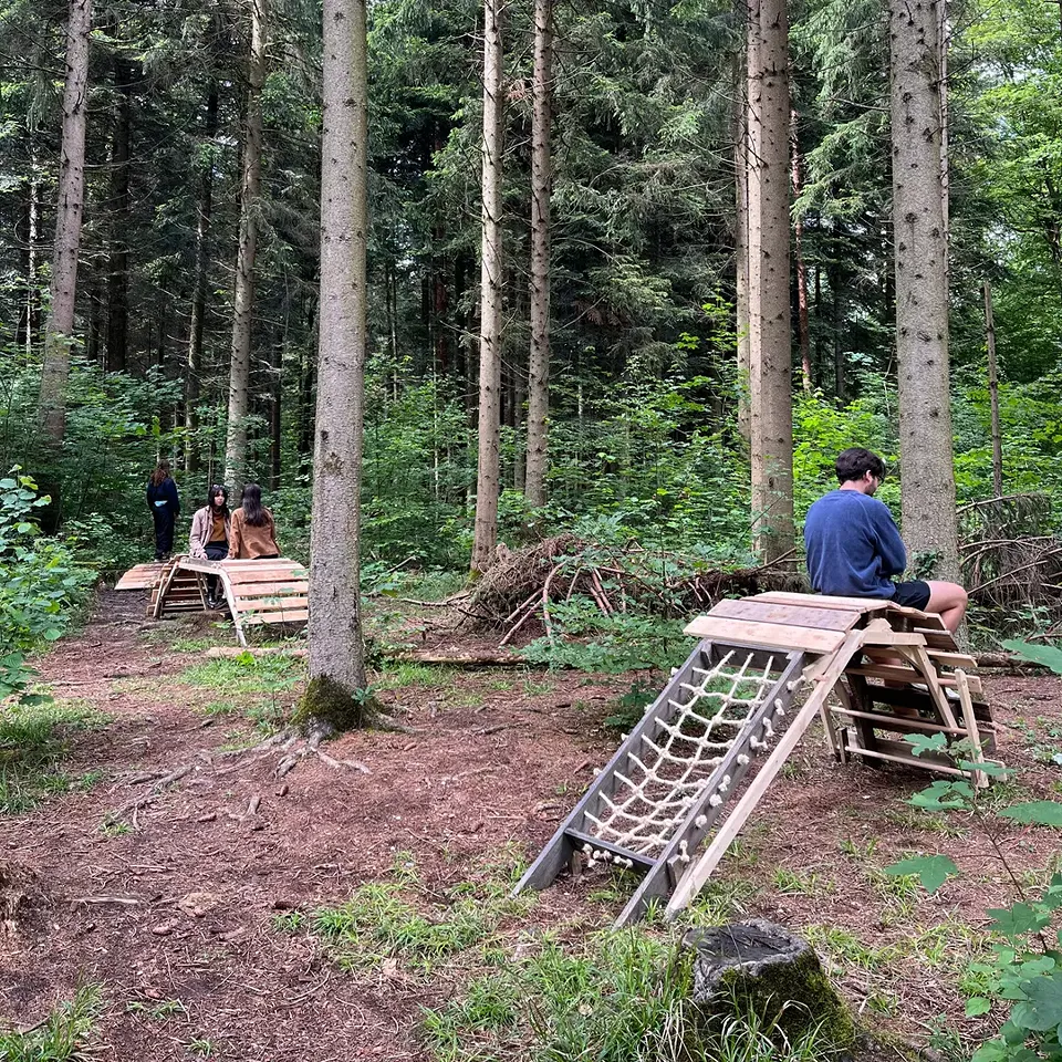 Projekt: Beyond the Roots – Standort: Sonderistrasse – «Beyond the Roots» ist eine Sammlung von Strukturen, inspiriert von Leonardo da Vincis Brücke, die die Benutzer einladen, ihren Weg tiefer in den Wald zu erkunden