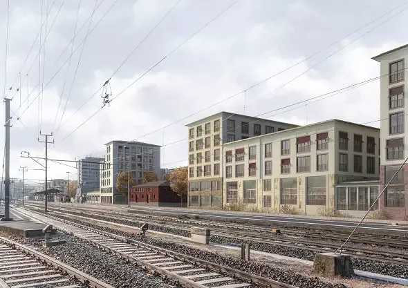 Perspektive von den Gleisen auf das Bahnhofsareal