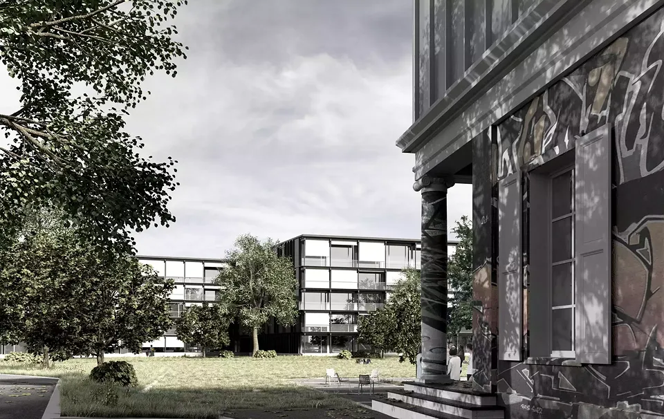 Blick vom Sommercasino zum Neubau am Park