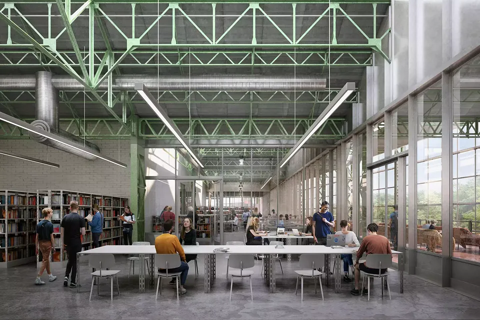 Des cloisons de verre séparent  la grande bibliothèque et la  salle de lecture du Centre d’architecture Civa des espaces ouverts du Piano Nobile. Ceci permet de conserver la structure de l’usine et de faire vivre la générosité de tout cet espace.
