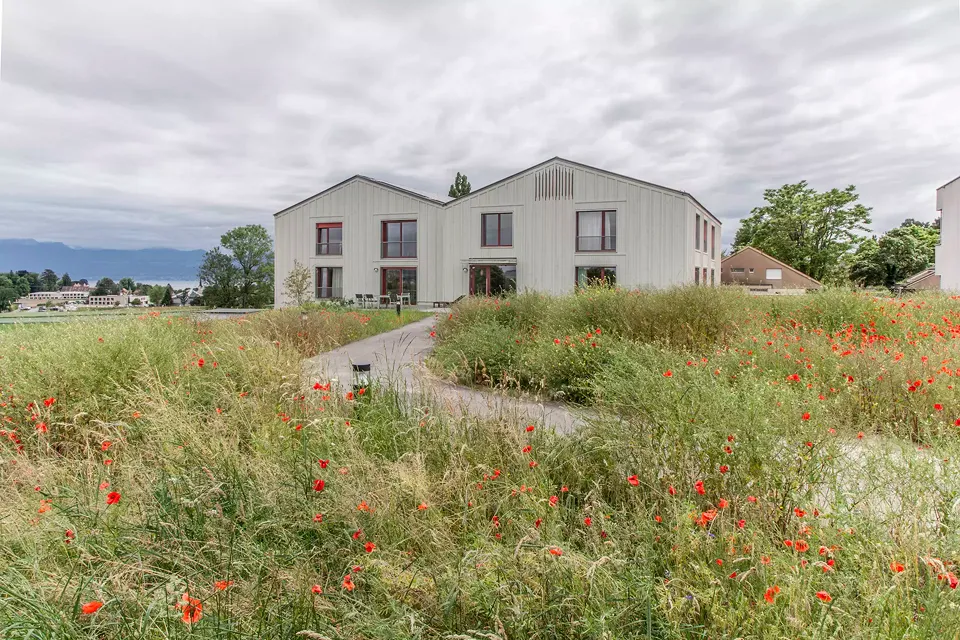 Façade côté colline: l'entrée haute des unités de vie