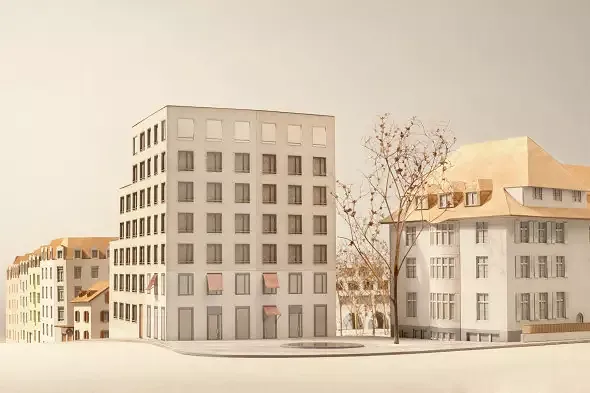 Modellfoto des neuen Stadthauses. Blick vom Klusplatz