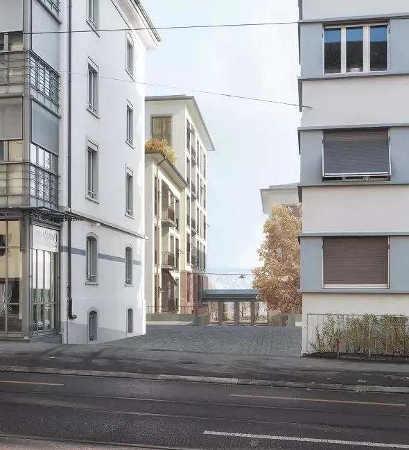 Perspektive von der Limmatstrasse über das neue Areal auf den See