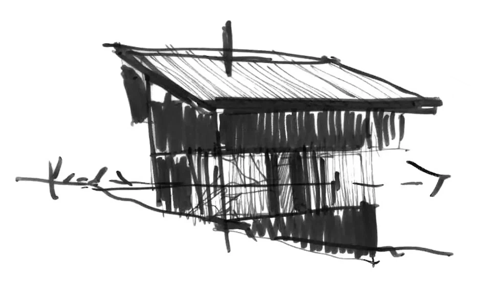 Frühe Entwurfsskizze – abstrakte Interpretation der alpinen Bautypologie