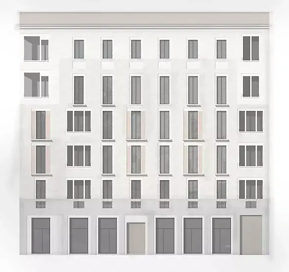 Strassenfassade mit neu interpretierten Stilelementen
