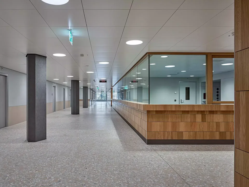 Les noyaux centraux  sont occupés par les  salles du personnel  soignant, cloisonnées  mais transparentes pour  une accessibilité accrue.