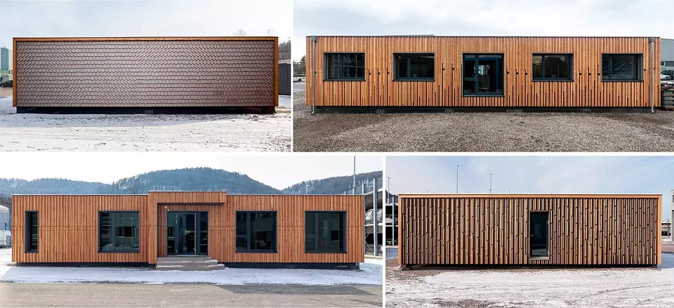 4 Fassaden des Büros Saig. Sie interpretieren die 3 gebräuchlichsten traditionellen Fassadentypen der Schweiz neu - Balken-, Schindel- und Boden-Decken fassaden.