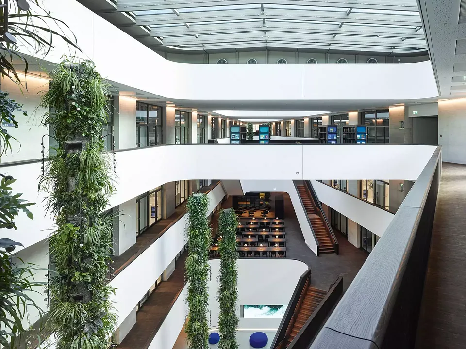 Foyer, Cafeteria, Bibliothek und Oberlicht