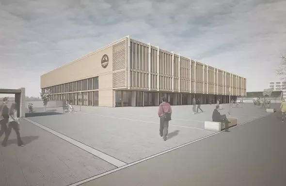 Aussenansicht des Eisstadions und Vorplatz