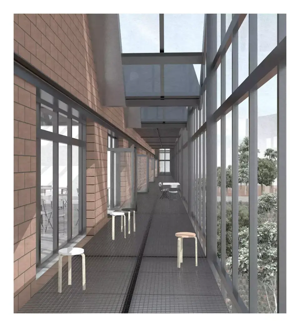 Perspective depuis la coursive - espace tampon entre intérieur et extérieur