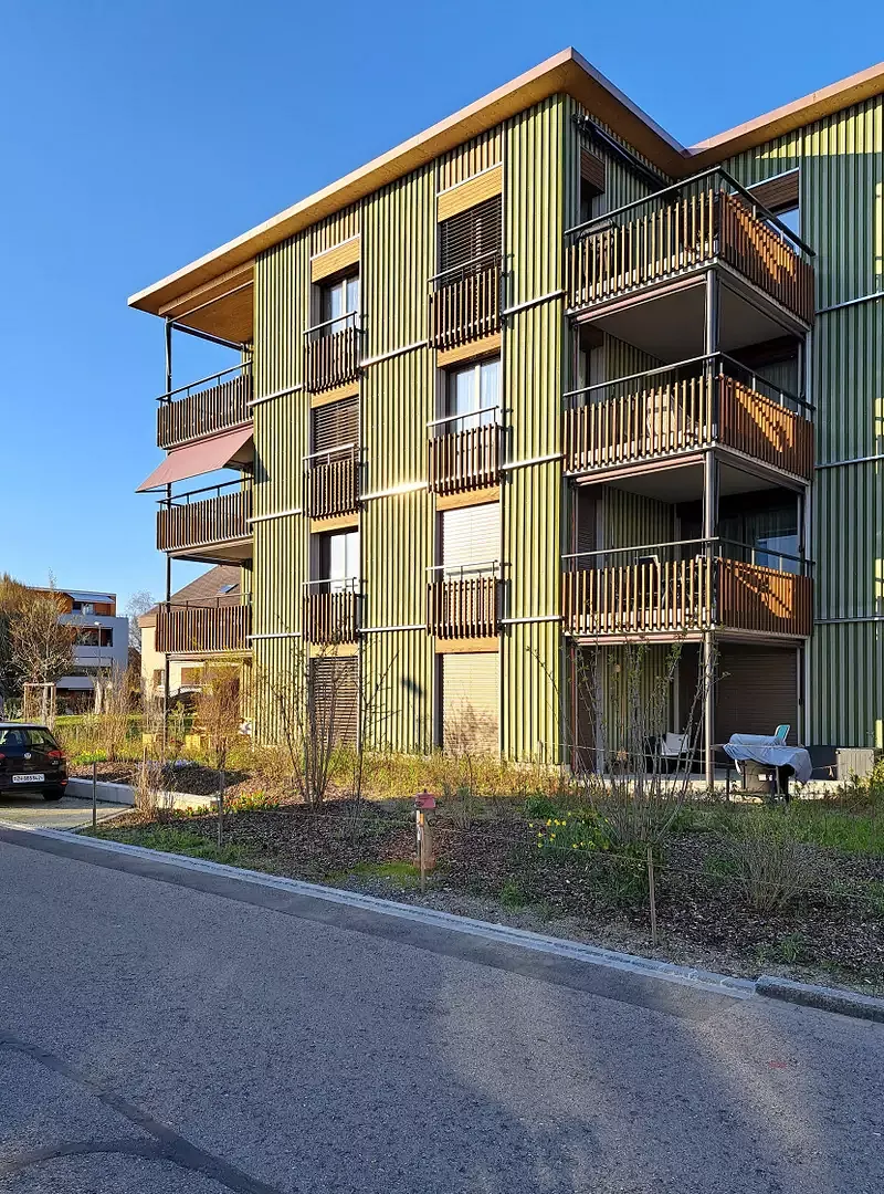 In Kontrast zur grünen Holzfassade sin die textilen Fallarmmarkise in violett gehalten