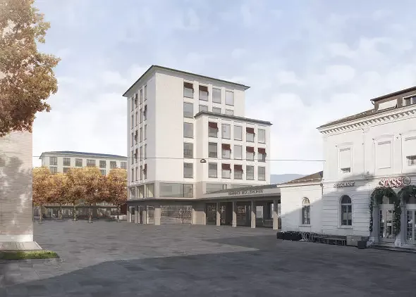 Perspektive auf das Bahnhofsgebäude