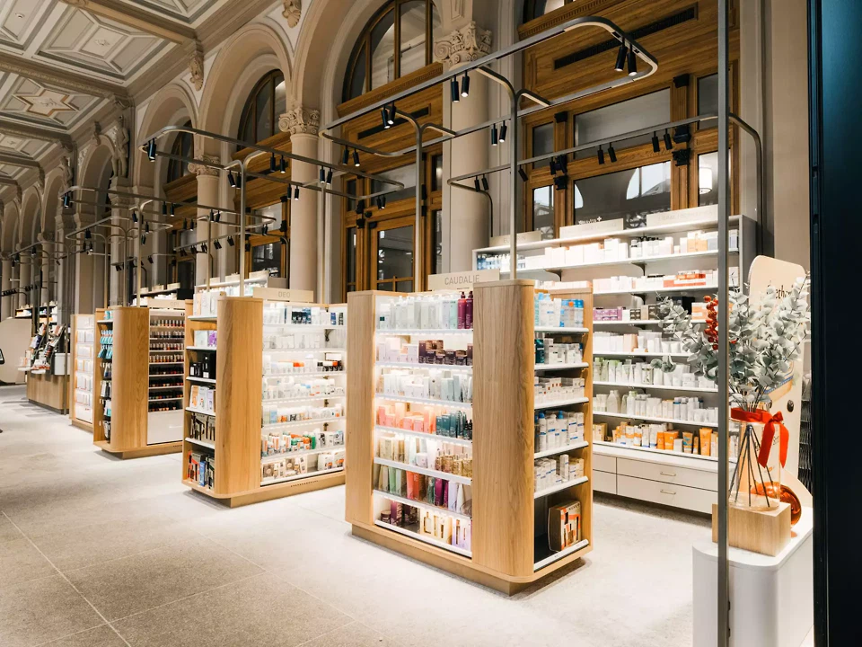 Apotheke: Verkaufsgondeln mit Beleuchtung
