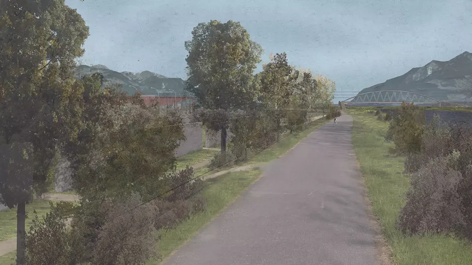 Vue depuis le niveau de la digue sur les chemins de traverse générés par le nouvel espace public